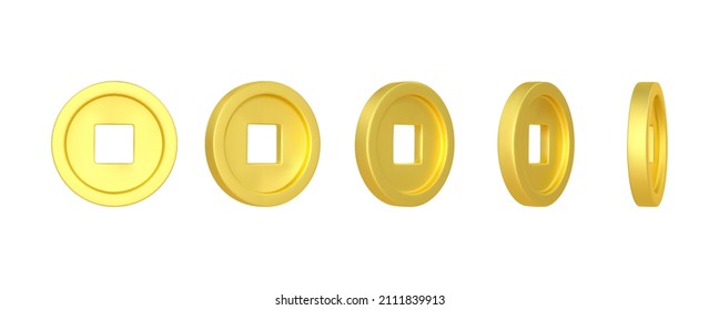 3 d representan monedas de oro chinas realistas desde diferentes ángulos. Ilustración vectorial.