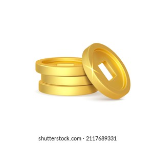 3d render realistic chinese golden coins stack. Chinese decoration elements for oriental New Year. Vector illustration