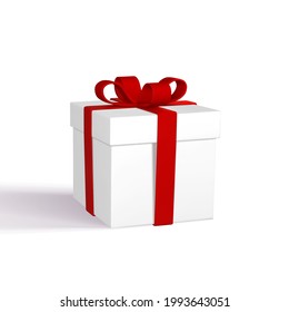 3D render realistic gift box with red bow. Paper box with red ribbon and shadow isolated on white background. Vector illustration.