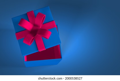 3D render realistic gift box with bow top view. Paper rec box with ribbon and shadow on blue background. Vector illustration.