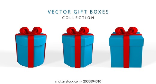 3D render realistic gift box with red bow. Paper box with red ribbon and shadow isolated on white background. Vector illustration.