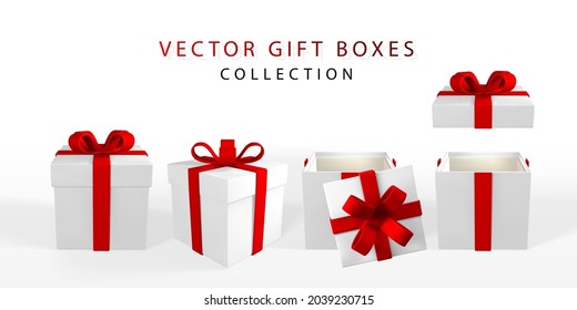 3D render realistic gift box with red bow. Paper box with red ribbon and shadow isolated on white background. Vector illustration.