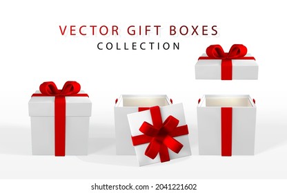 3D machen realistische Geschenkbox mit roter Schleife. Papierbox mit rotem Band und Schatten einzeln auf weißem Hintergrund. Vektorgrafik.