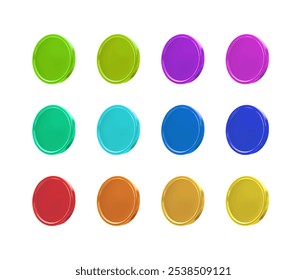 3d render realistic metal coin blank medal vector illustration isolated. Big set in different bright colors