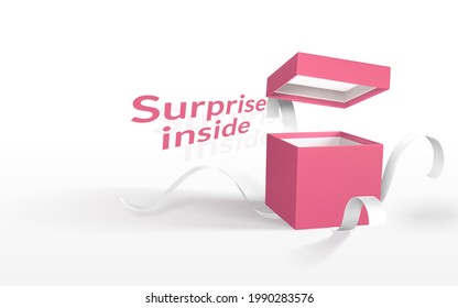 3D render realistic open gift box. Red paper box with white ribbon and shadow isolated on white background. Vector illustration.