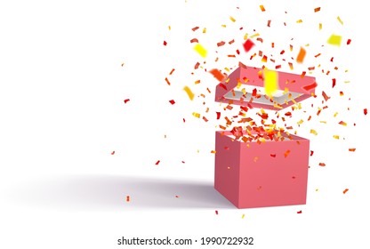 3D render realistic open gift box with confetti. Red paper box with shadow isolated on white background. Vector illustration.
