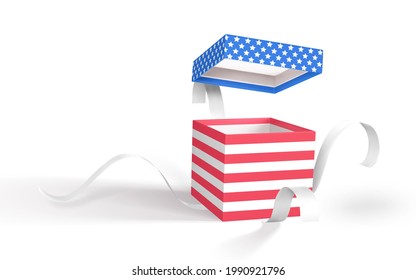 3D render realistic open gift box for USA Independence Day. Paper box with white ribbon and shadow isolated on white background. Vector illustration.