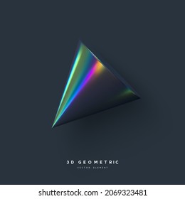 3d render realistic primitive. Glossy holographic geometric shape isolated on dark background. Iridescent trendy design, thin film effect. Vector.