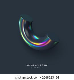3d render realistic primitive. Glossy holographic geometric shape isolated on dark background. Iridescent trendy design, thin film effect. Vector.