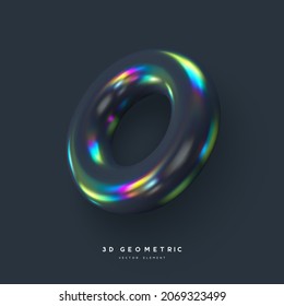3d render realistic primitive. Glossy holographic geometric shape isolated on dark background. Iridescent trendy design, thin film effect. Vector.
