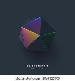 3d se vuelve realista y primitivo. Forma geométrica holográfica brillante aislada en el fondo oscuro. Diseño de moda iridiscente, efecto de película delgada. Vector.