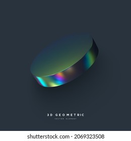 3d render realistic primitive. Glossy holographic geometric shape isolated on dark background. Iridescent trendy design, thin film effect. Vector.