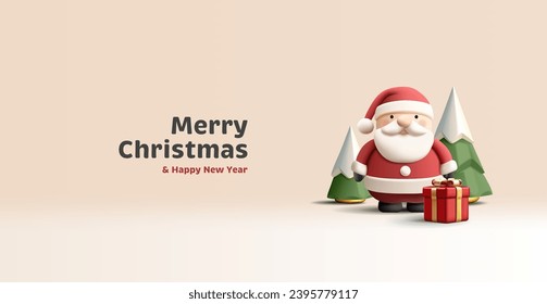 3d render realistic Santa Claus character with red goft box and Christmas trees with snow, cartoon rounded shapes, isolated