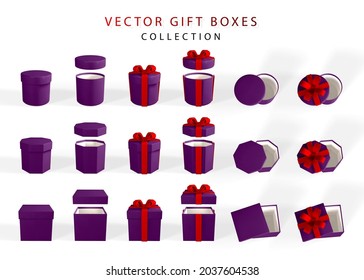 3D render realistic set of gift boxes with red bow. Paper box with red ribbon and shadow isolated on white background. Vector illustration.