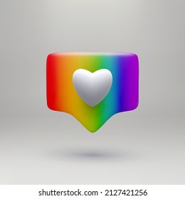 3d render realistic speech bubble with heart in rainbow colors.