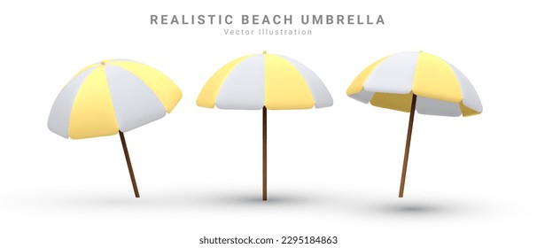 3d render realistic vector set of sun shade parasols, umbrellas in white and yellow  colour. Isolated icon on white background.