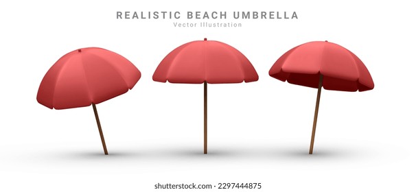 3d render realistic vector set of sun shade parasols, umbrellas in red colour. Isolated icon on white background.