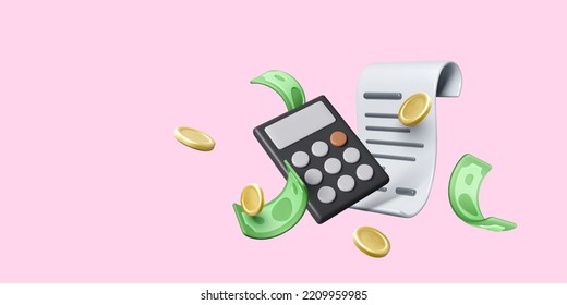 3D render receipt payment with calculator gold coins and green bill currency. Accounting or money investment concept. Financial management banner. Vector illustration