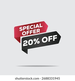 3D render red and black special offer 20% off arrow sign – dynamic minimalist design