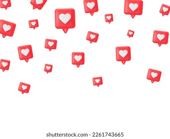 3d render red like icon set. Comment button. Social media bubble with heart. Love element. Share tag. Notice people. Chat speech communicate. Notification label. Emoji reaction. Vector illustration.