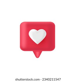 3d render red like icon. Pink comment button. Love element. Social media bubble with heart. Notification label. Share tag. Notice people. Chat speech balloon. Emoji reaction. Vector illustration.