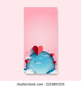 Representación 3D, Papel Rojo Cortar Formas Coronarias Con Forma Redonda Azul, Nubes Sobre Fondo Pastel Rosa Y Espacio De Copia Para El Amor O Concepto De San Valentín