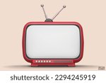 3D render red Vintage Television Cartoon style isolate on  background. Minimal Retro TV. Red analog TV.  Old TV set with antenna. 3d vector illustration.