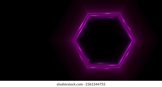 3d representaciones, marco redondo de neón rojo-púrpura y azul sobre fondo negro, forma de anillo de polígono, espacio vacío, luz ultravioleta, estilo retro de los años 80, escenario de espectáculo de moda, fondo abstracto.