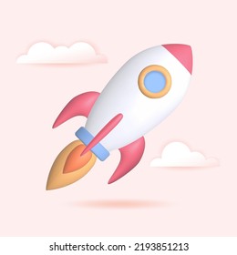 3d render rocket launch, startup business concept. Spaceship with clouds on pink background. Vector illustration