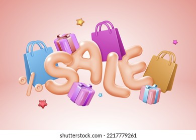 3d render of sale banner on pink background concept vector illustration. Sale word flying  with shopping bags and gift box around. Online shop promotion 3d template.