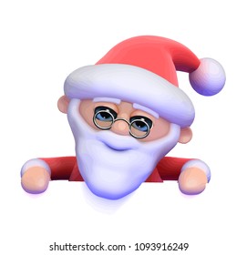 3d render of Santa Claus looking over the top of a blank space