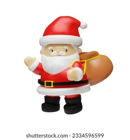 3D render Santa Claus with santa sack. Realistic xmas character in clay, plastic style. Vector illustration in cartoon style for celebrating Merry Christmas. and Happy New year. Winter holiday