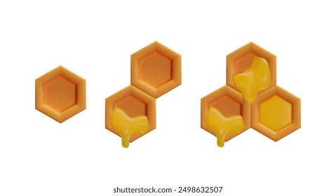 3d render set of bee hexagon honeycomb. Mosaic liquid drops. Textured hexagon shape with beeswax and honey. Sweet organic product. Vector illustration cartoon honeycomb. Eco geometric sticky syrup.