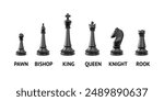 3d render of a set of black chess pieces arranged in a line, text underneath each piece. Logic board game. A highly intellectual sport. Tournament. Vector illustration isolated on white background.