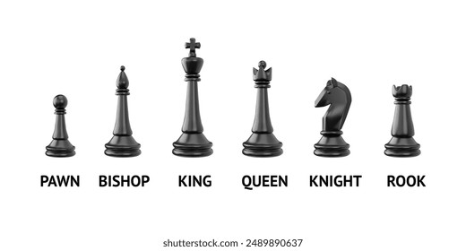 3d render of a set of black chess pieces arranged in a line, text underneath each piece. Logic board game. A highly intellectual sport. Tournament. Vector illustration isolated on white background.