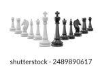 3d render of a set of black and white chess pieces. Full collection. Chess tournament. Logical battle. Board game. Vector illustration isolated on white background