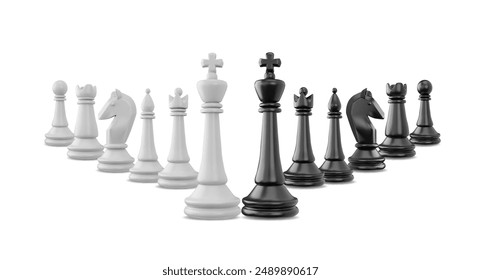 3d render of a set of black and white chess pieces. Full collection. Chess tournament. Logical battle. Board game. Vector illustration isolated on white background