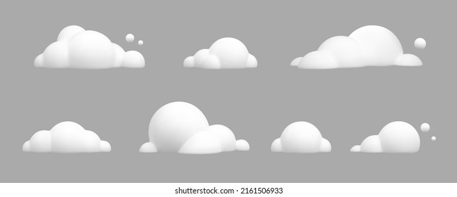 3D-Rendering Set Cartoon Wolken auf blauem Hintergrund. Verschiedene weiße Wolkenformen für Spiele, Animationen, Web. Vektorgrafik