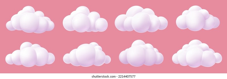 3d representando nubes de dibujos animados sobre fondo rosado. Representar el conjunto de iconos de las nubes onduladas de dibujos animados redondos. Ilustración vectorial.