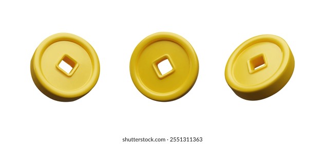 Moneda de oro chino con conjunto de renderizado 3D. Colección tridimensional oriental del dinero. Símbolo de prosperidad, fortuna, riqueza, riqueza Año Nuevo Lunar Chino. Ilustración vectorial de letrero de metal. Asia tradicional