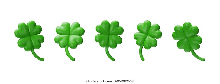 3D render set of clovers. Saint Patrick's Day symbol of luck. Green shamrock variation for celebration. Irish traditional objects in collection for holiday. Celtic vector spring floral plant.