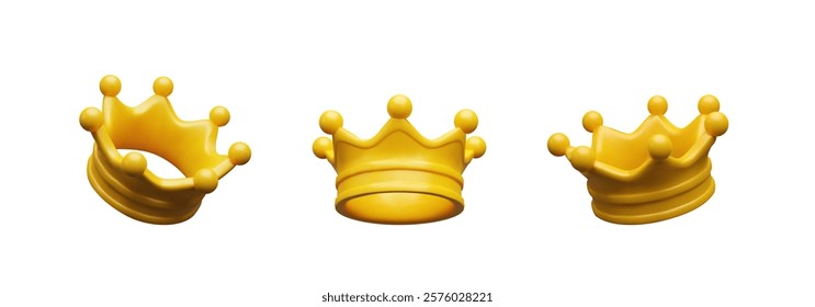 3d render set gold crown. Three-dimensional vector illustration monarch icon. King, queen, princess, prince - royalty symbol. Classic casino reward. Emperor collection diadem is power. Luxury tressure