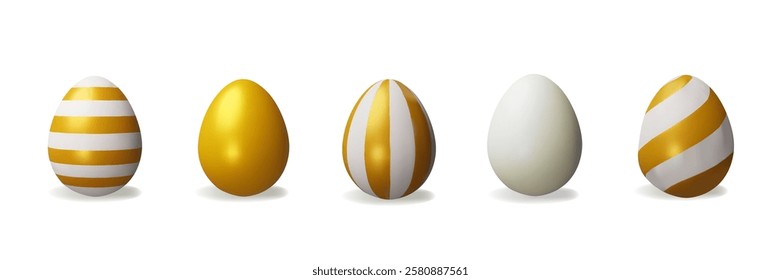 3d render set gold striped-vertical easter egg. Three-dimensional vector collection illustration for Christian celebration or children hunt, springtime holiday. Religion traditional ceremony element.