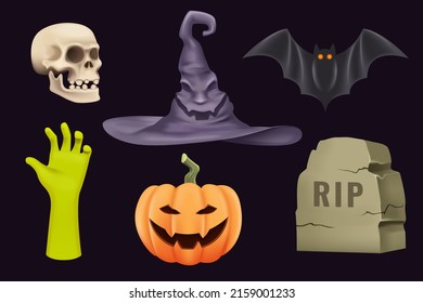 3D Render Set for Halloween. Scary witch hat, skull, bat, green hand from the ground, face pumpkin and tombstone. Halloween Collection. Isolated 3d vector illustration