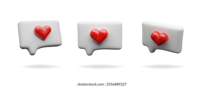 3d render set love speech bubble. Romantic online communication. Three dimensional vector illustration collection message with heart shape. Chat of love discussion, social conversation. Media comment