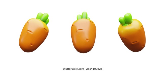 3d render set orange carrot. Three dimensional vector illustration collection harvest. Vegetarian vitamin raw root. Fresh plant ingredient cartoon style. Health agriculture antioxidant food carotene