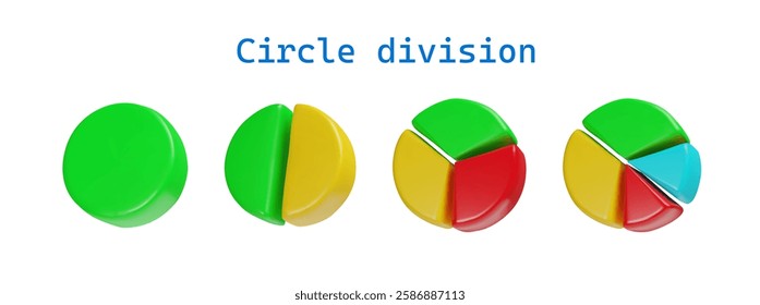 3d render set of pie chart. Three-dimensional infographic collection. Vector graph of data, timeline process, statistic info. Round section of economy analysis or financial business strategy