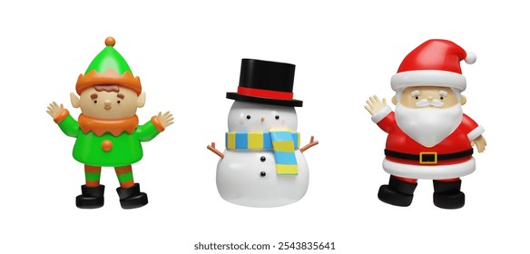 3d render set of Santa Claus, elf and snowman. Vector illustration of three dimensional traditional characters. Collection for advertising, party, celebration. Merry Christmas and Happy New Year.