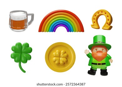 3d render set for St. Patricks Day. Three-dimensional vector illustration with beer, rainbow, leprechaun, horseshoe, gold coin and shamrock. Ireland symbol of luck for celebration Irish holiday