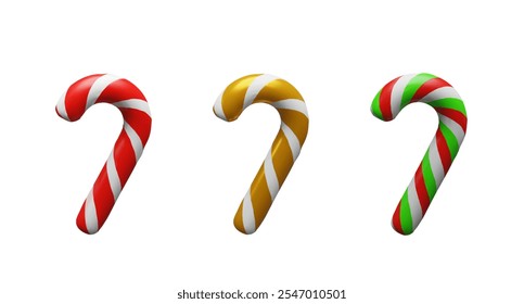 3d render set striped traditional candy red green stick for Christmas. Three dimensional collection lollipop vector illustration. December colorful sugar candy cane. Merry Christmas and Happy New Year